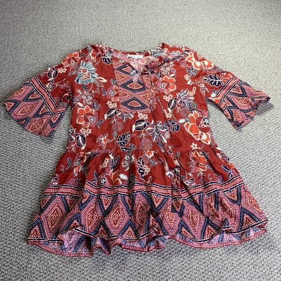 beachlunchlounge Tops - Beachlunchlounge Womens Blouse Top Size XS Red Floral Tasseled Babydoll‎ Tunic